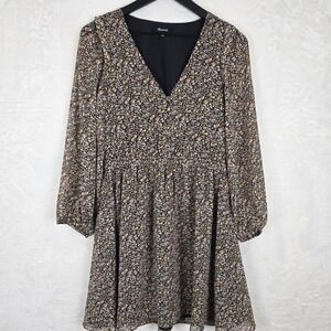 Madewell Georgette Ditsy Floral V-Neck Mini Dress Black Multi Long Sleeve Small